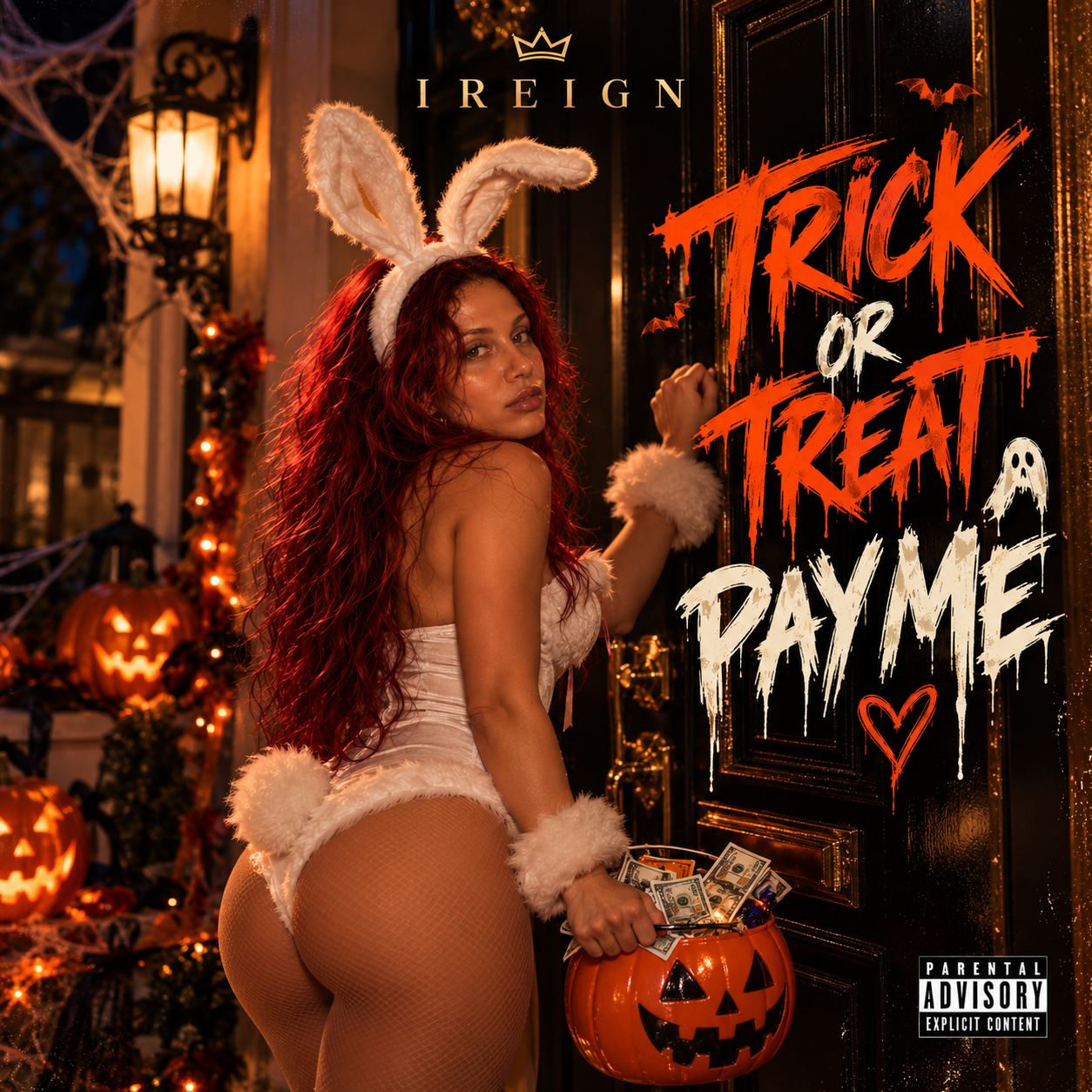 TRICK OR TREAT (PAY ME) official single artwork — IREIGN in a white bunny costume holding a jack-o'-lantern bucket of cash on a Halloween doorstep